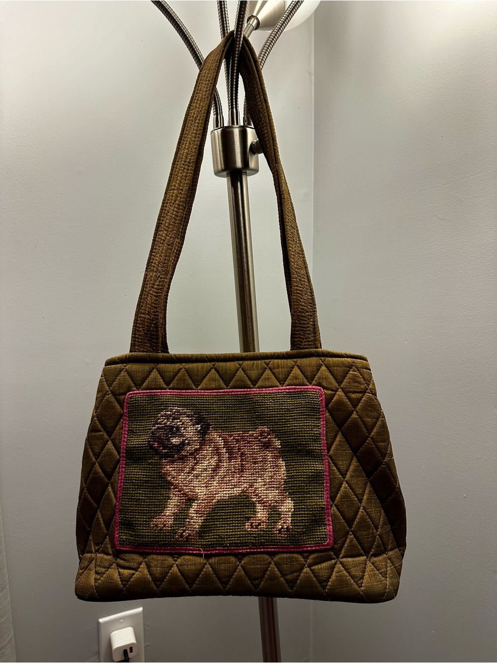 Quilted Brown Tote Bag with Pug Needlepoint Panel